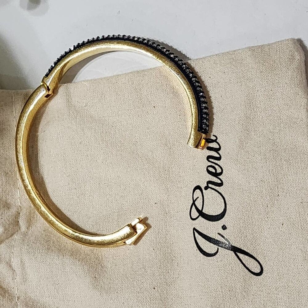 J. Crew Gold Tone Pave Crystal Hinge Bangle Bracelet Black Sparkle with Dust Bag - Picture 6 of 7
